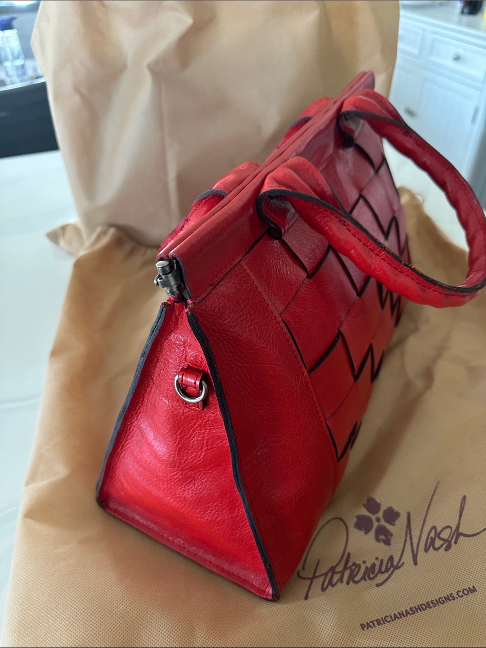 Patricia Nash Red Woven Leather Satchel - Picture 2 of 6